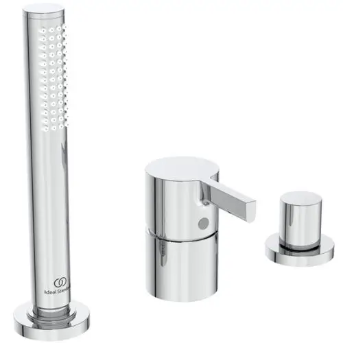 Dreiteiliges Wannenrandarmatur-Set in Chrom von Ideal Standard, bestehend aus einem Auslauf und einem Steuerungselement mit Umsteller.